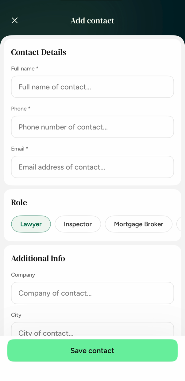 Locksy add contact form with fields for name, phone and email and role options for lawyer, inspector or mortgage broker.