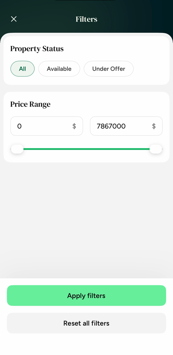 Locksy filter screen with property status options and a price range slider.