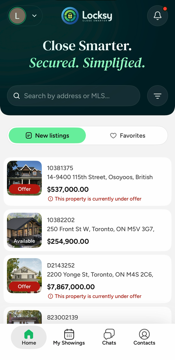 The Locksy home screen, showing a property search bar and a list of current listings with their showing status.